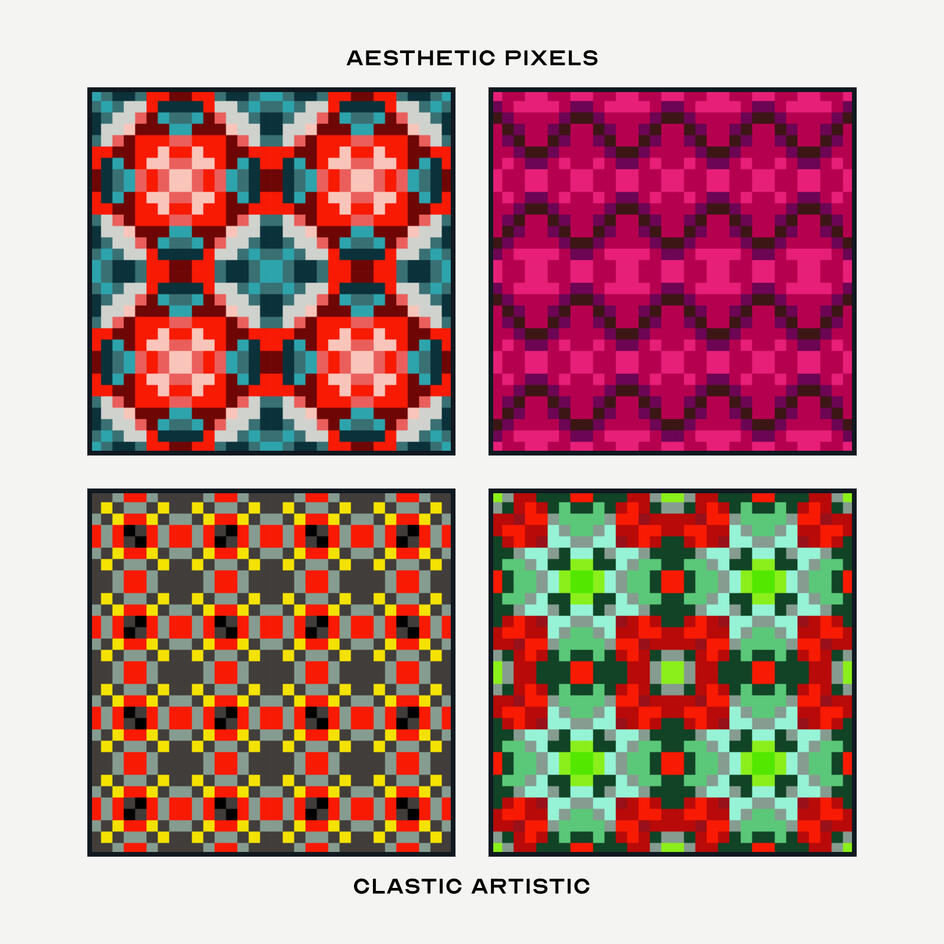 Pixel version. Top Left Pattern: Candy red arrows on teal squares, Top Right Pattern: Raspberry points and crosses, Bottom Left Pattern: Icterine, red and grey points on jet black, Bottom Right Pattern: Red and turqoise petals on pine green