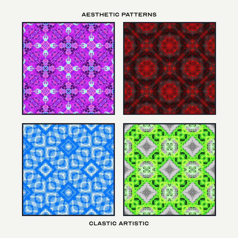 Pattern Version. Top Left Pattern: Purple diamond with cyan accents, Top Right Pattern: Crimson florals and crosses with grey accents, Bottom Left Pattern: Blue shimmer crosses with squares, Bottom Right Pattern: Chartreuse and grey crosses and squares