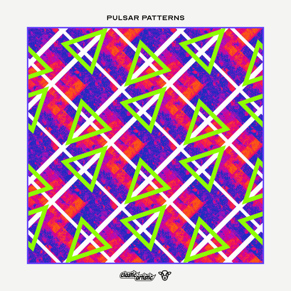 Pattern: Lime arrows and white lines on purple and orange ©Clastic Artistic