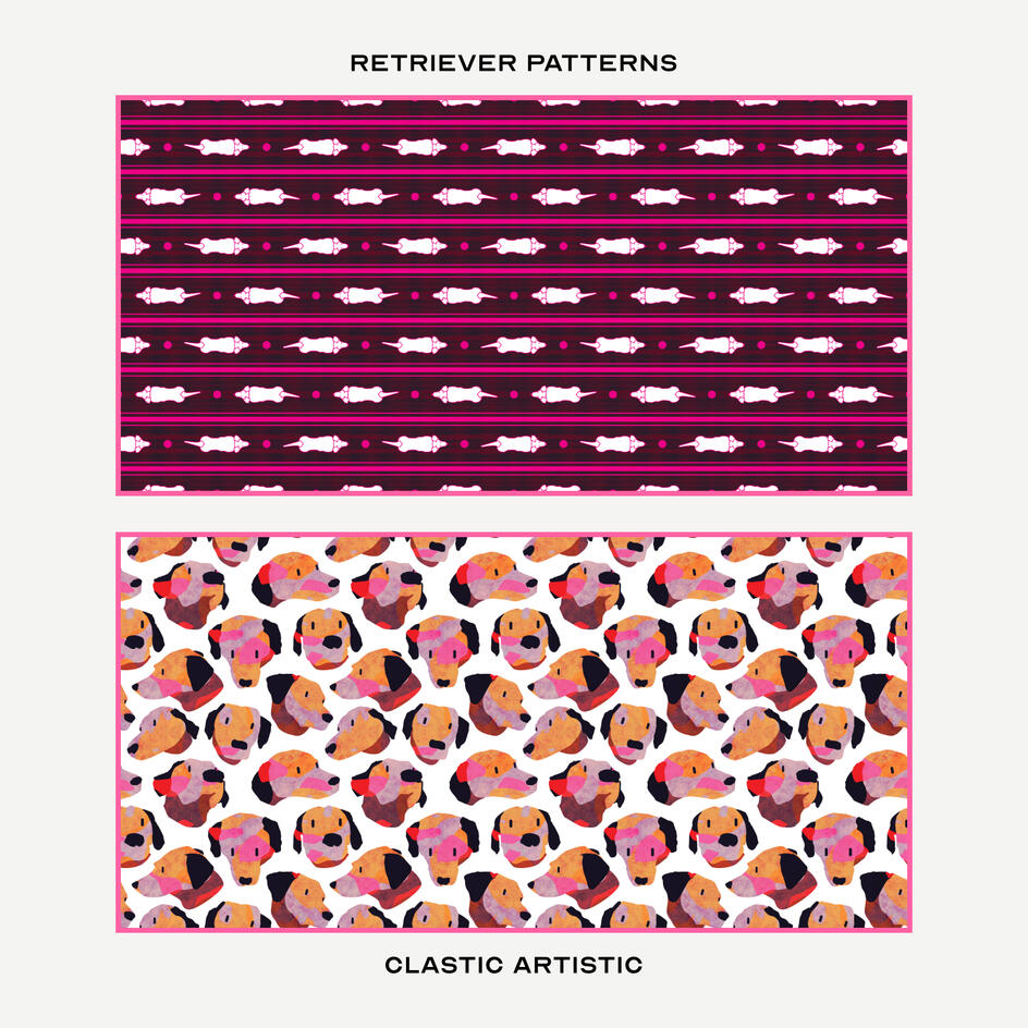 Top: Labradors amid pink pinstripes on amaranth, Bottom: Textured fox-red Labrador heads on white