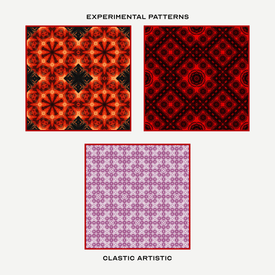 Top Left Pattern: Vivid blood orange flanked by obsidian, Top Right Pattern: Dark red dashed lines and crystal disks, Middle Pattern: Antique fuchsia grid of diamonds and crosses