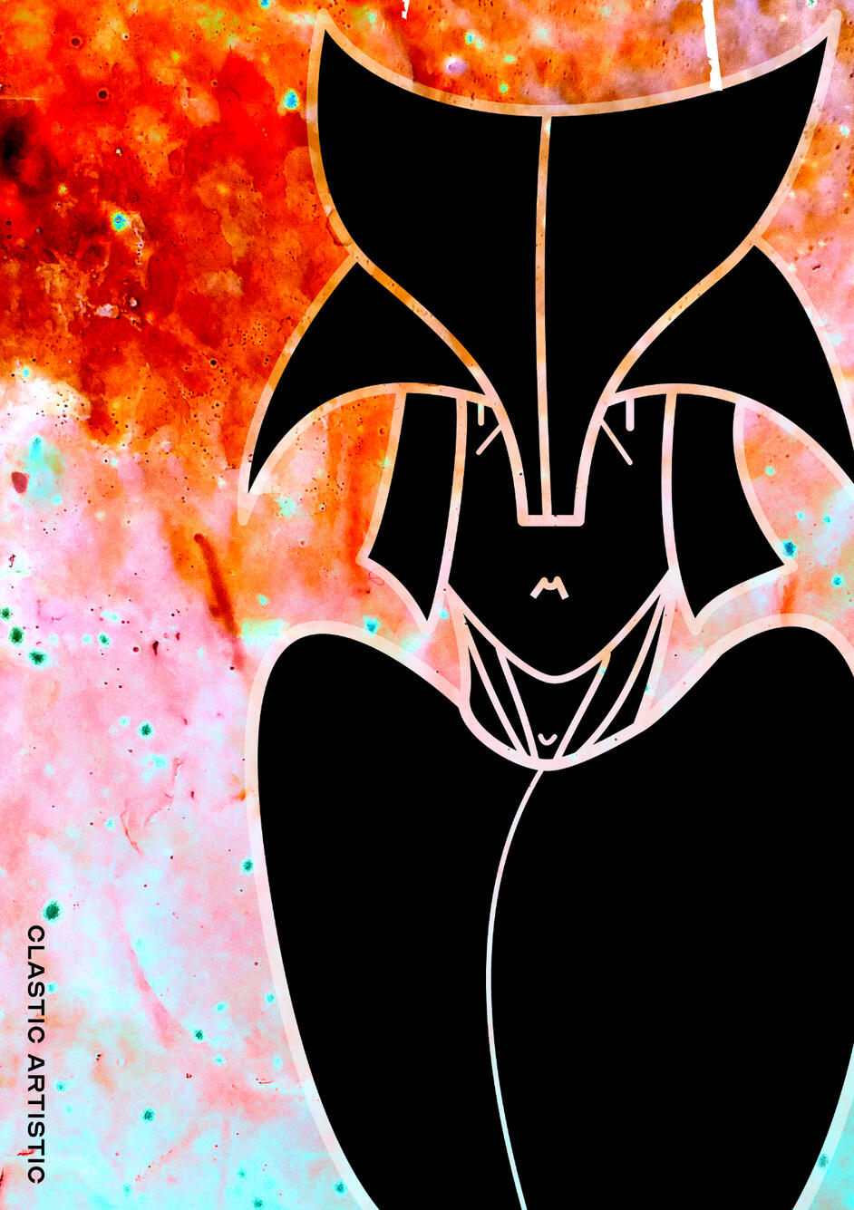 Stylised geometric portrait of a black figure against a red, pink and cyan textured background