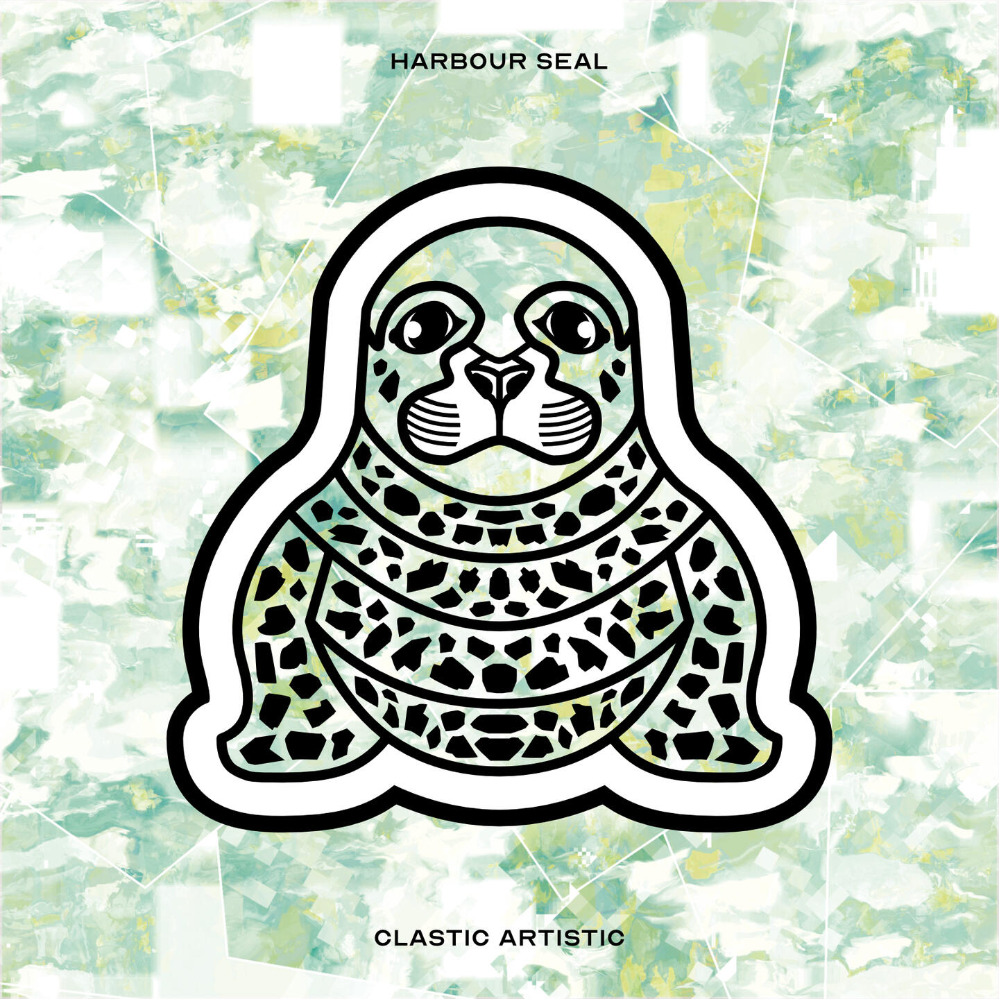 Stylised vector illustration of a Harbour Seal (Pinniped) with a seafoam and white glass texture facing towards the viewer