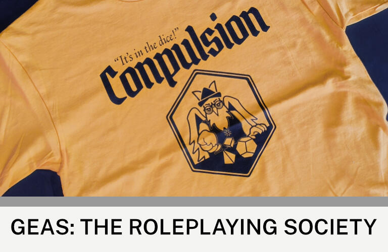 Images: A yellow t-shirt with the Conpulsion 2025 logo. Text: GEAS: The Roleplaying Society. ©GEAS/Conpulsion