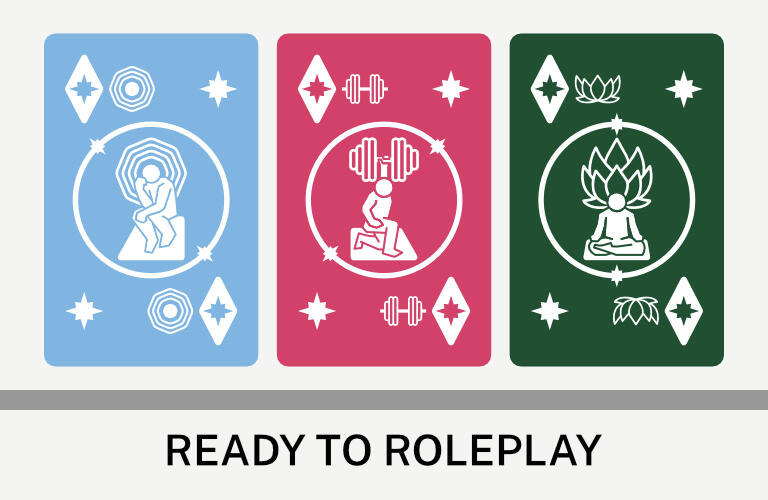 Images: A blue card, a red card and a green card from the Ready to Roleplay card game. Text: Ready to Roleplay. ©The OR Strategy